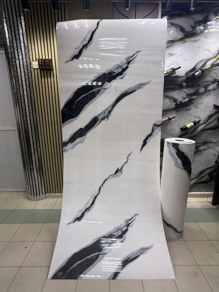 Premium PVC Marble Wall Sheet – White Marble with Black & Smoky Grey Veins